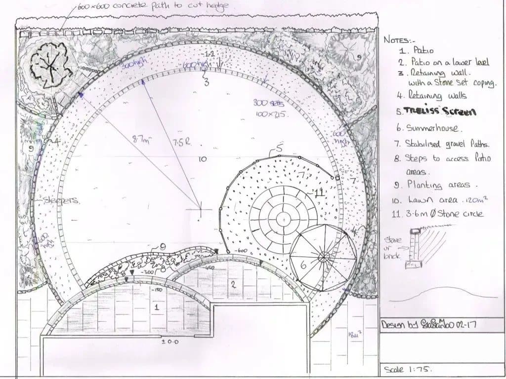The hand-drawn garden plan for the Garforth job
