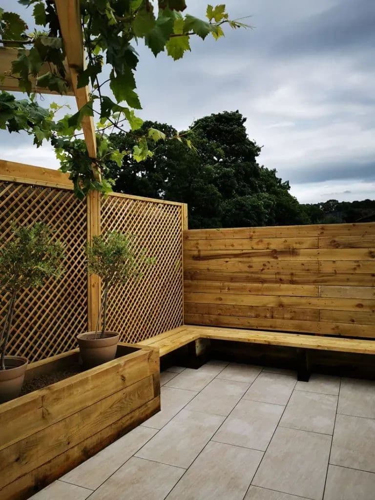 The grapevine trained up the trellis at the corner of the patio, above a timber planter