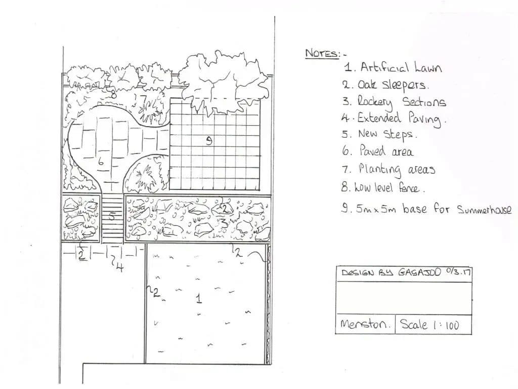 The hand-drawn garden plan for the Menston job