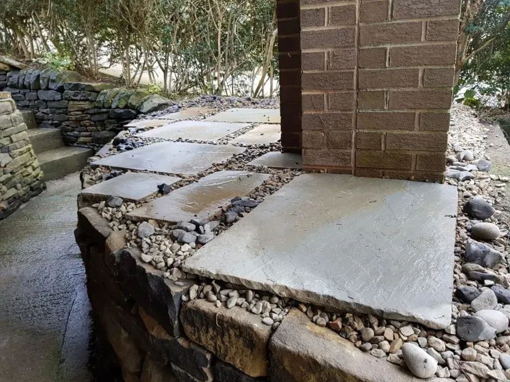 The paved approach running along the top of the stone wall towards the house