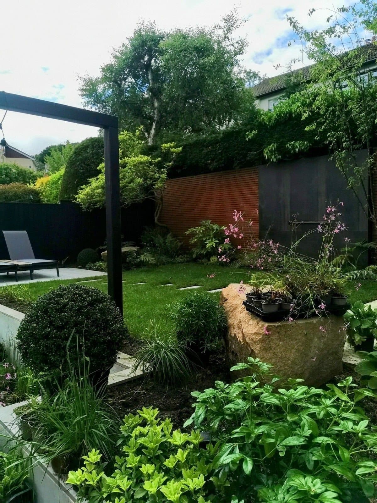 A black steel pergola frame over a small lawn, with clipped shrubs, a boulder and layered planting around it